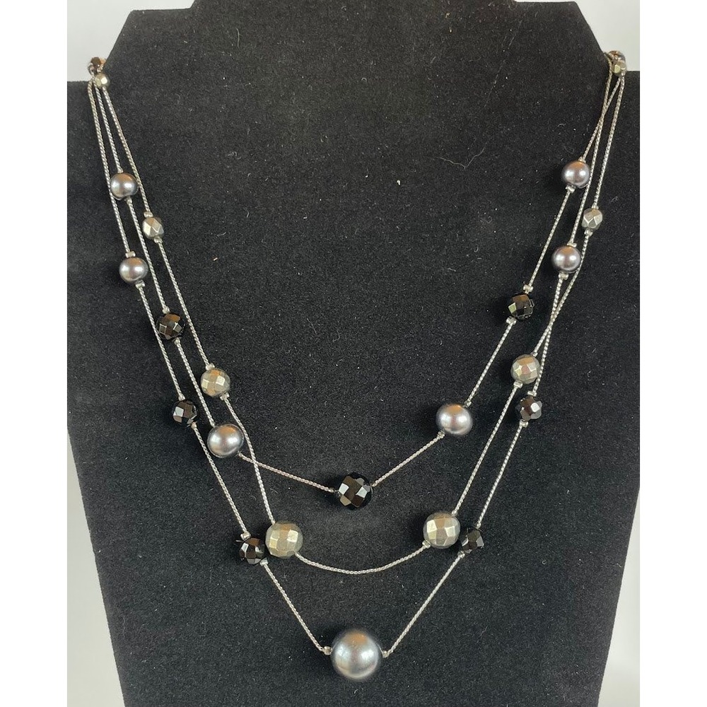 Viintage Gray Faux Pearl & Faceted Bead 3-Strand Silver Tone Statement Necklace
